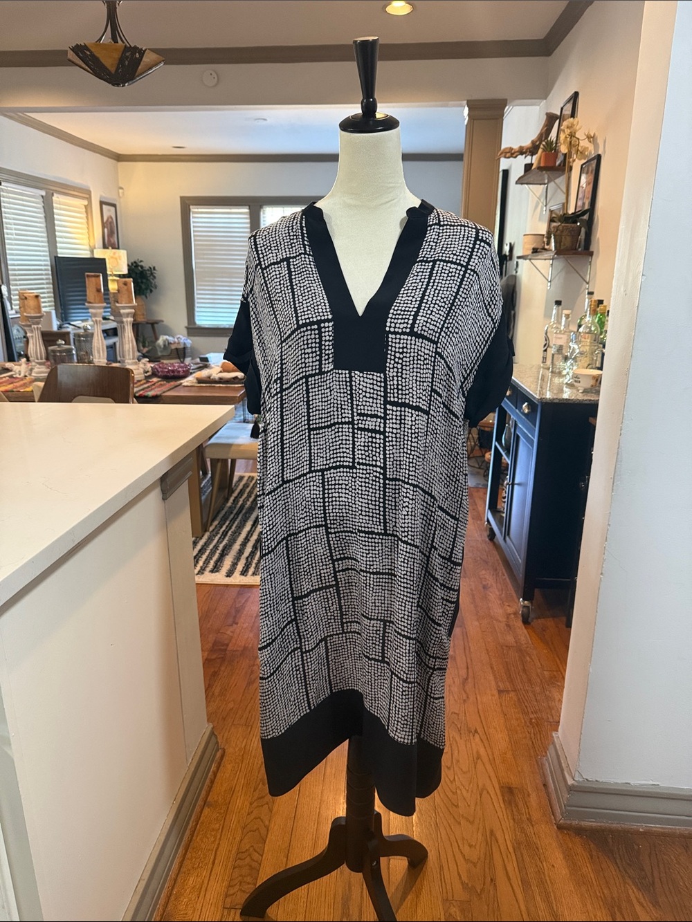 Vince Black & White Grid Print Silk Dress